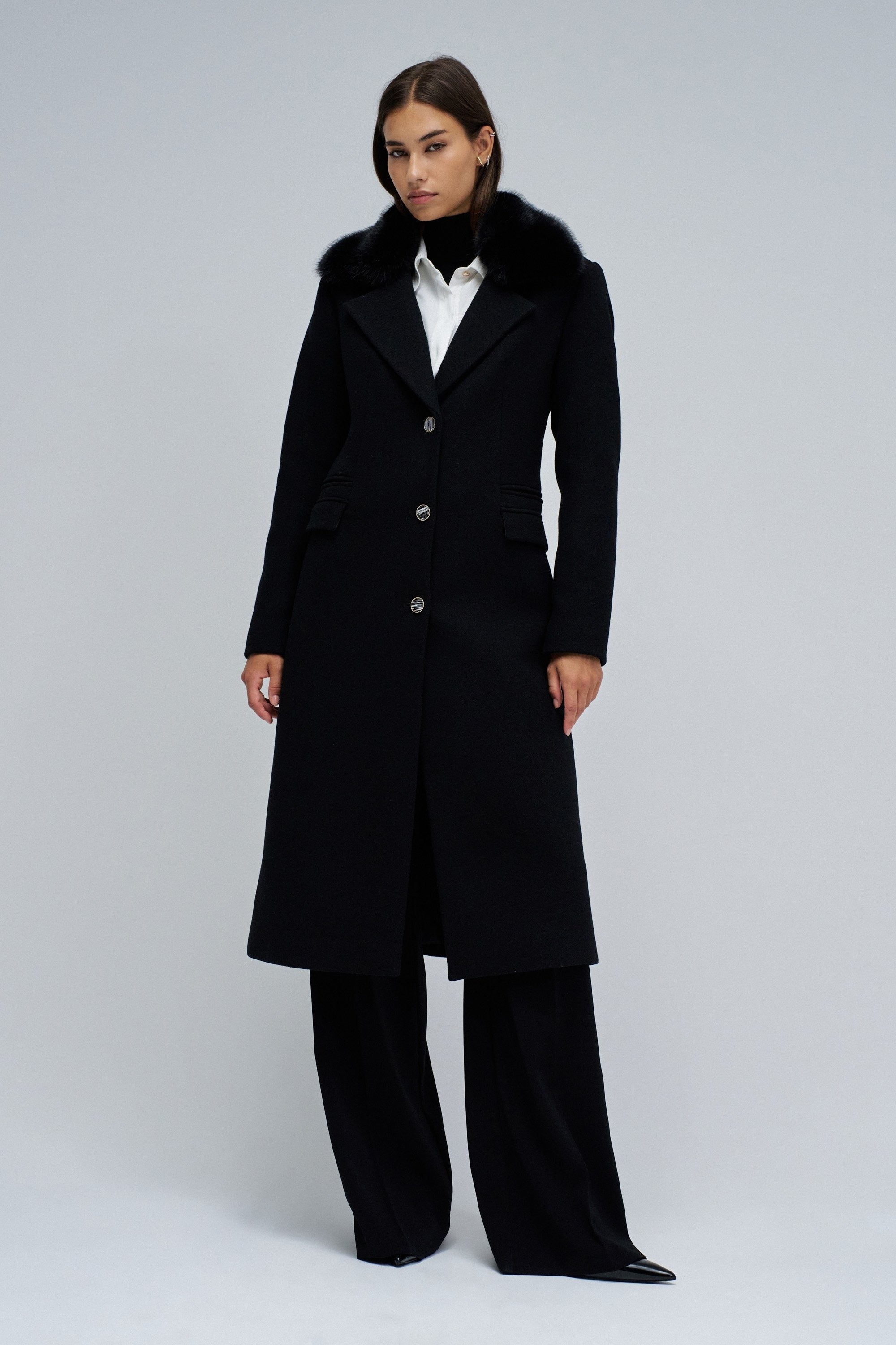 Wool Coat With Faux Fur Collar in Black Vestes Salsa Jeans
