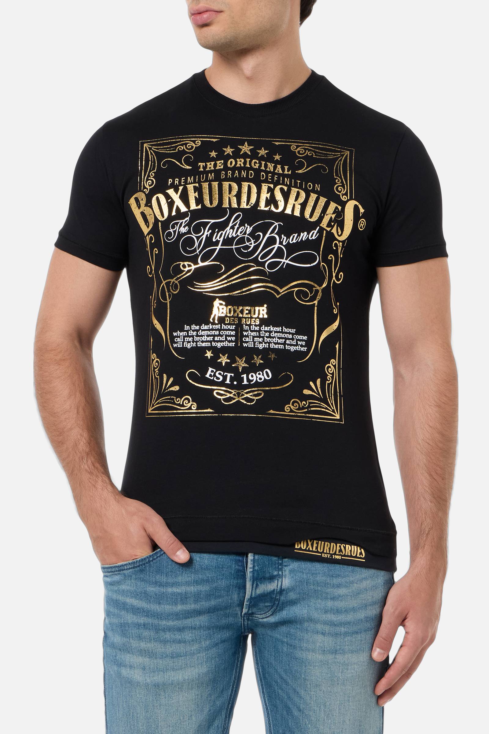 T-shirt imprimé à col rond en noir et or T-shirts Boxeur des Rues