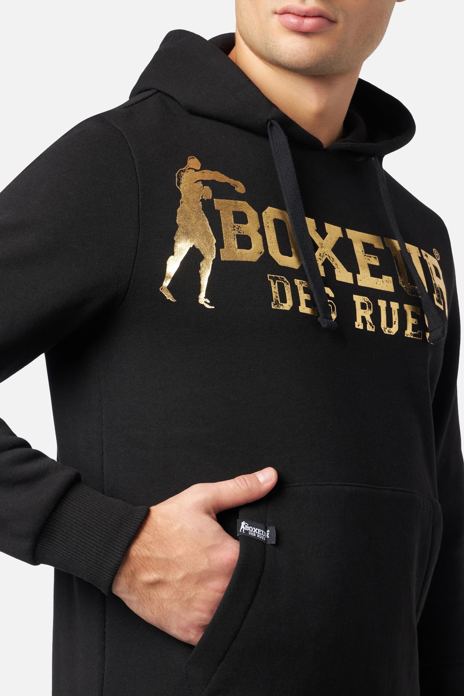 Man Hoodie Sweatshirt en noir et or Sweat à capuche Boxeur des Rues   