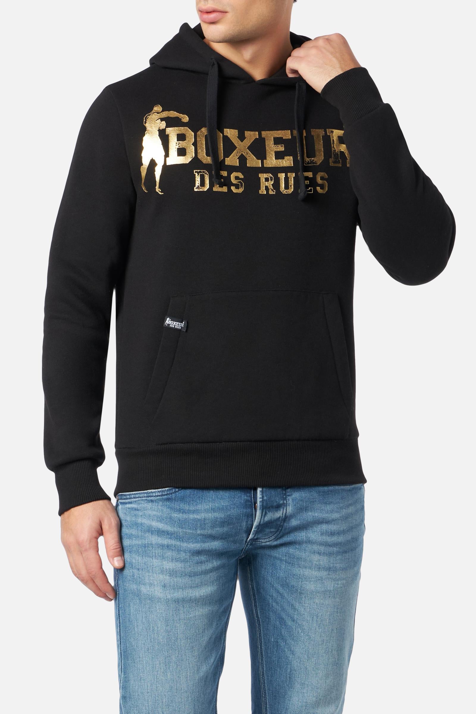 Man Hoodie Sweatshirt en noir et or Sweat à capuche Boxeur des Rues   