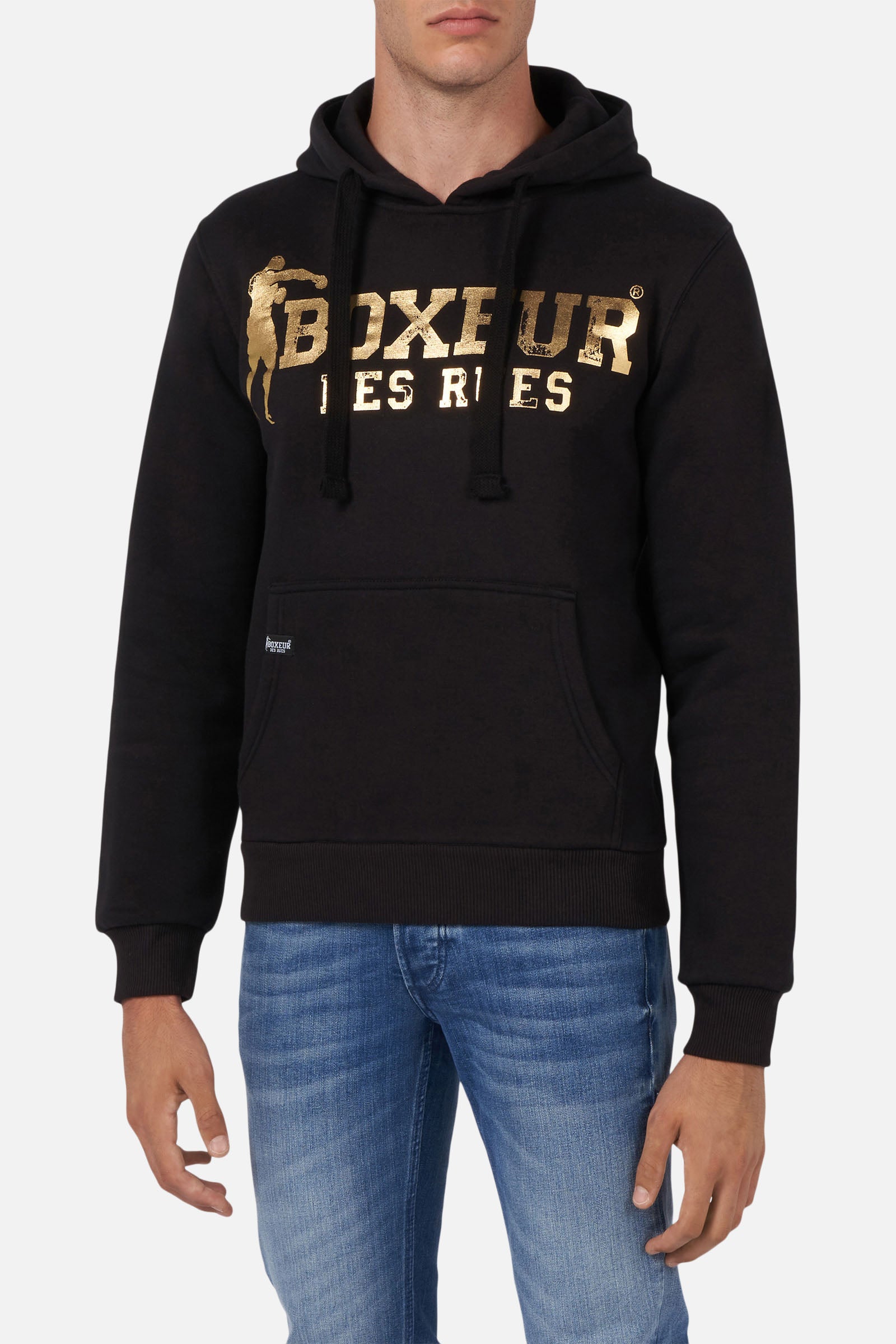 Sweat-shirt à capuche avec fermeture éclair en noir et or