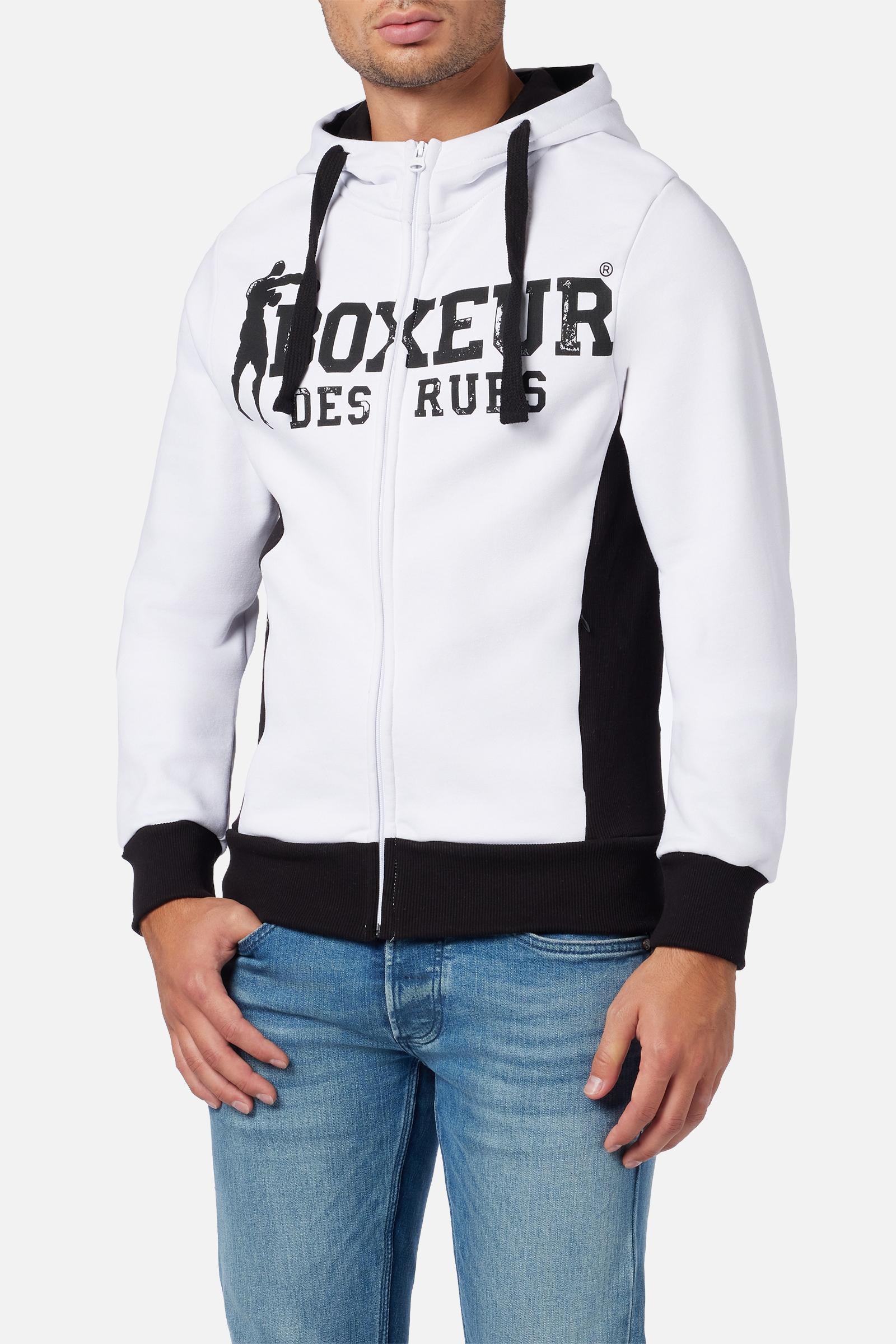 Sweat-shirt à capuche avec zip en blanc et noir Sweat-shirts Boxeur des Rues   