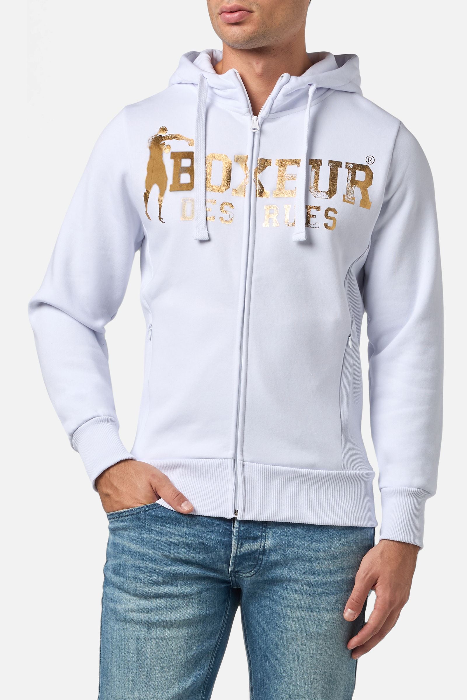 Sweat-shirt à capuche entièrement zippé en blanc-or Sweat-shirts Boxeur des Rues