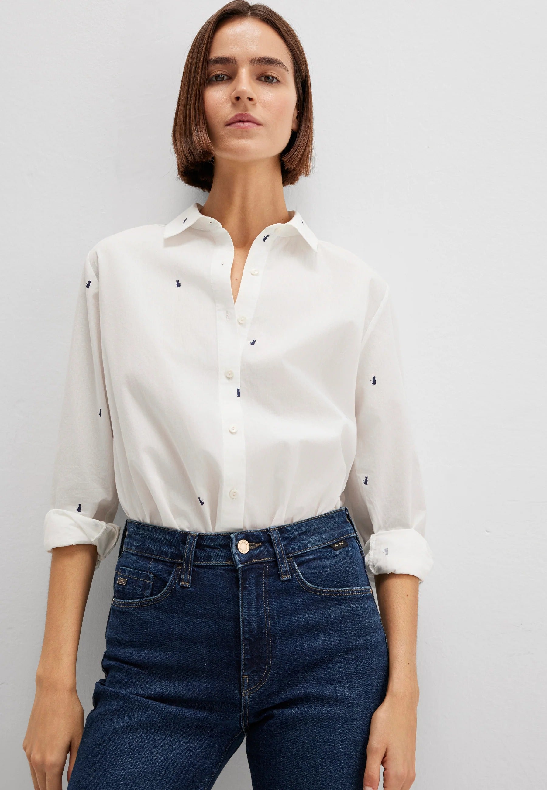 Chemise à manches longues tissée avec imprimé intégral chat