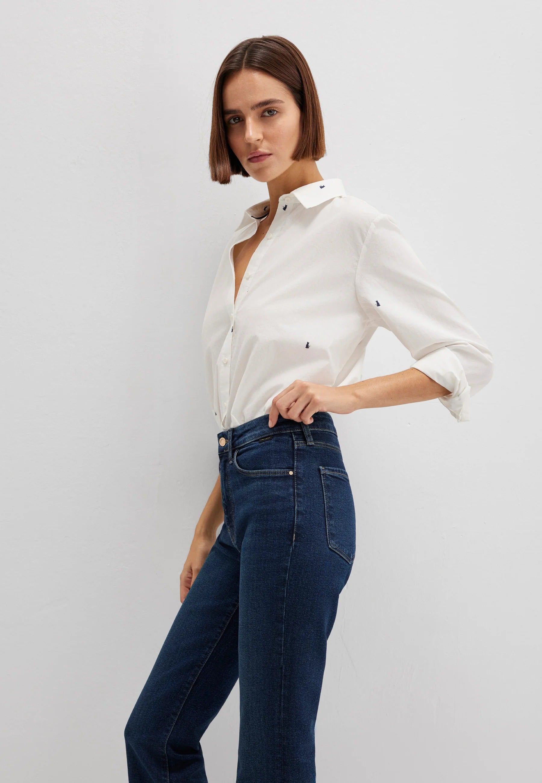 Chemise à manches longues tissée avec imprimé intégral chat