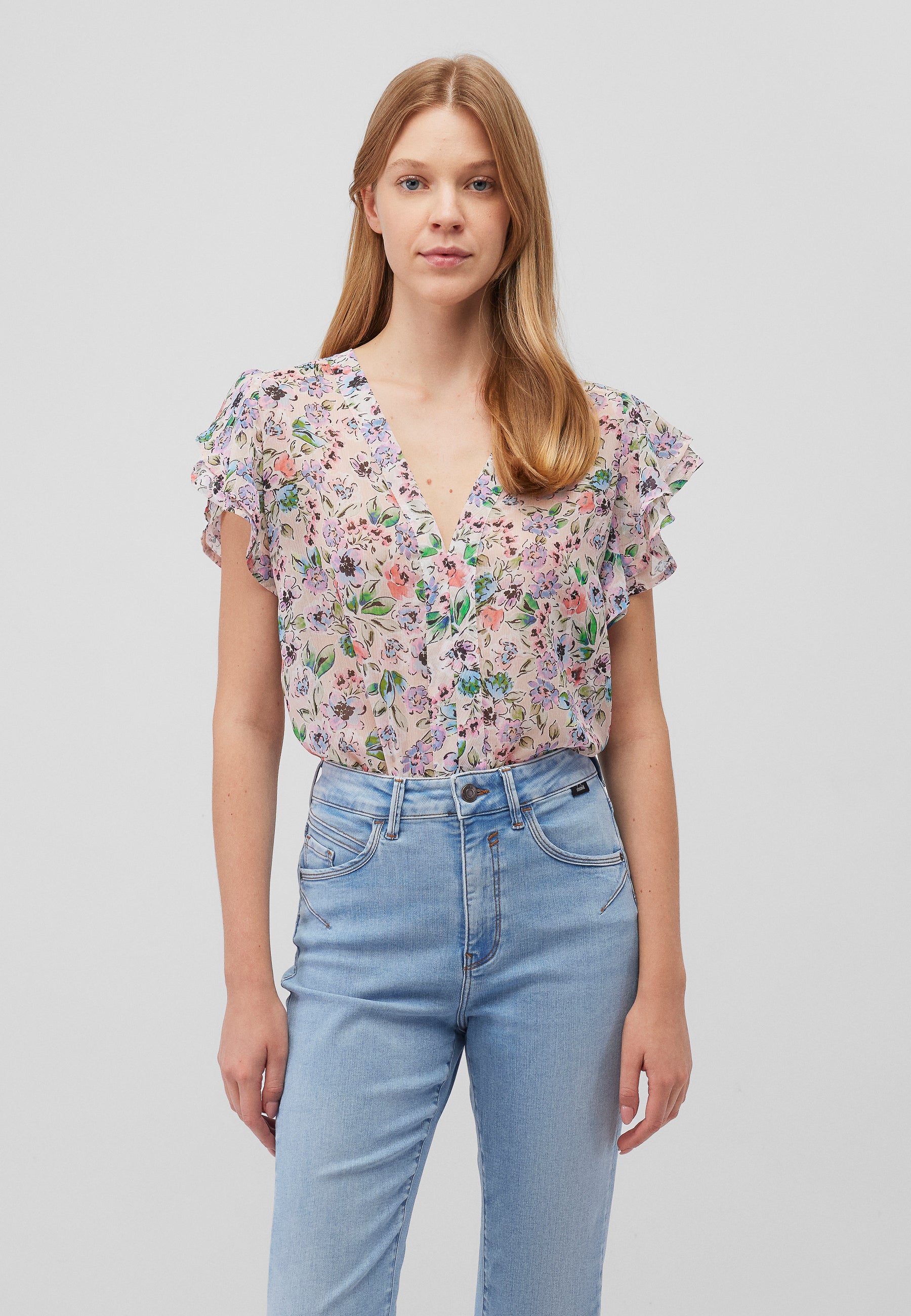 Short Sleeve Blouse in Watercolor Print Chemises Mavi   