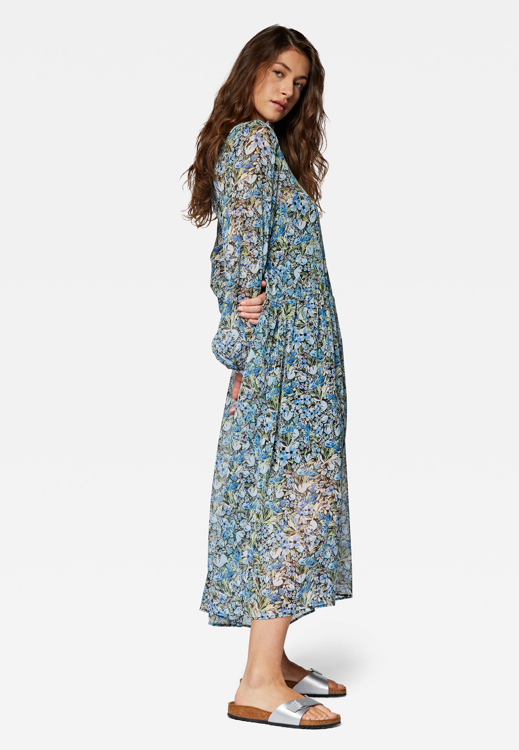 Robe à manches longues Woven Dress in Blue Garden Print Robes Mavi   