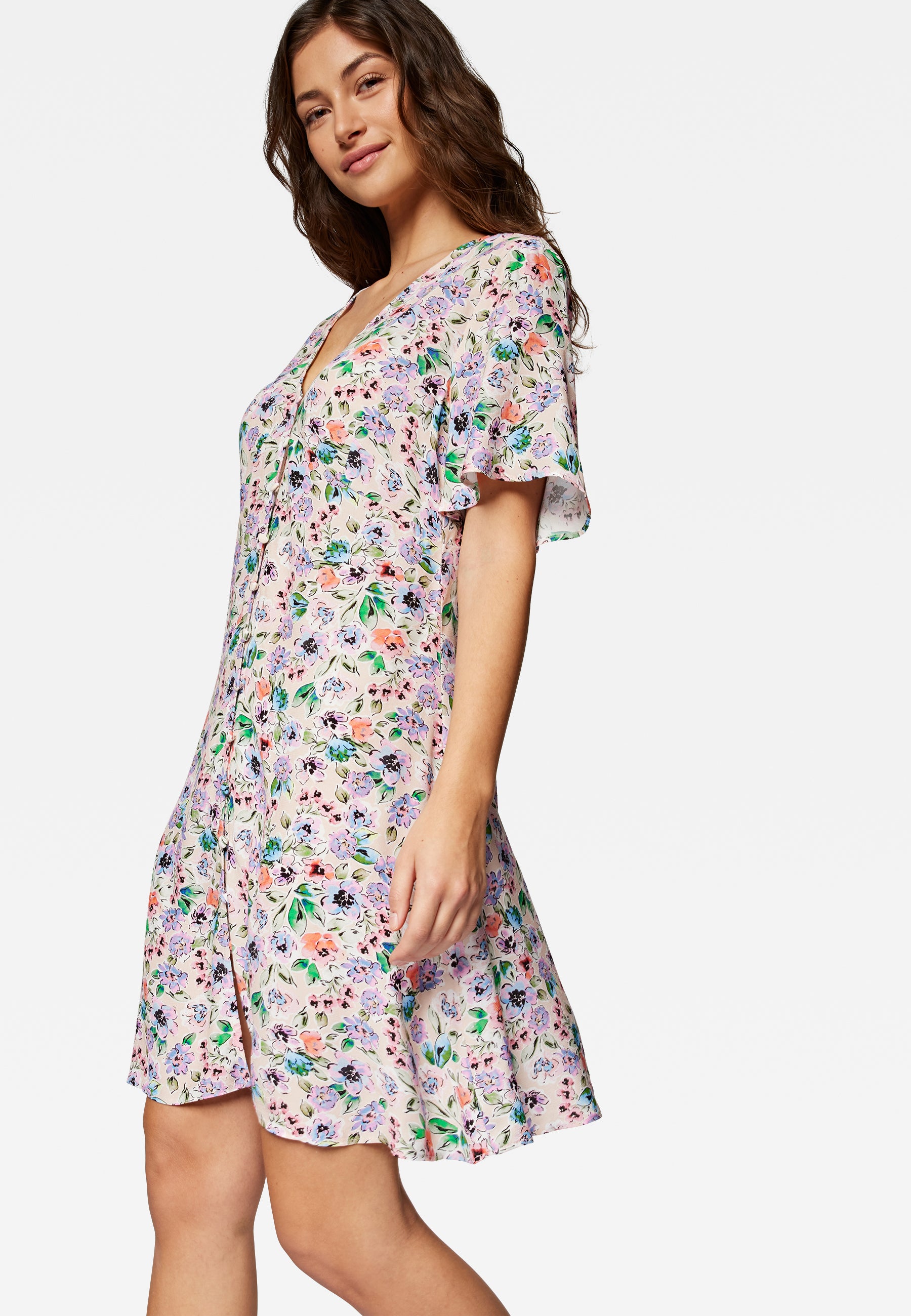 Short Sleeve Woven Dress in Watercolor Print Robes Mavi   