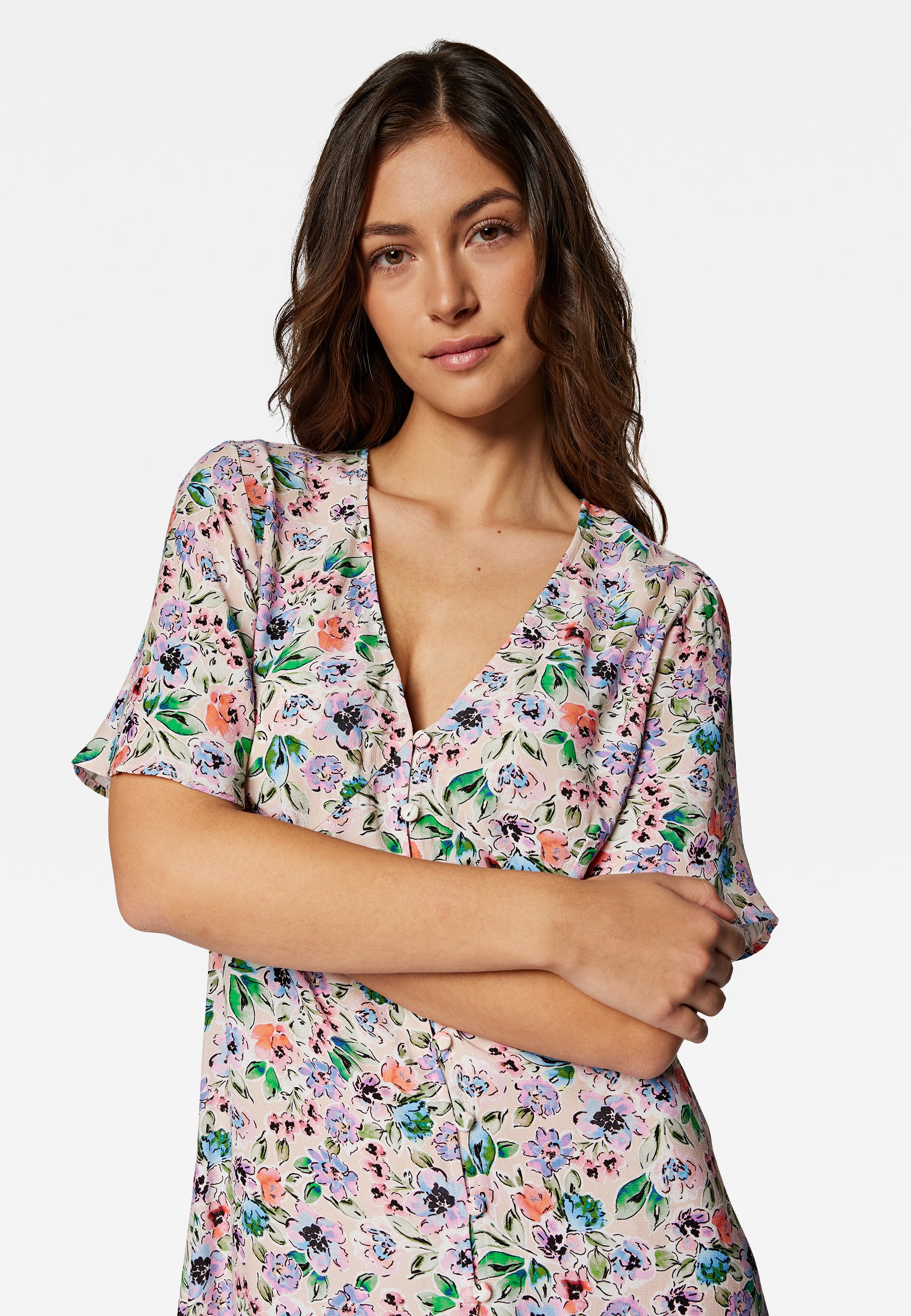 Short Sleeve Woven Dress in Watercolor Print Robes Mavi   