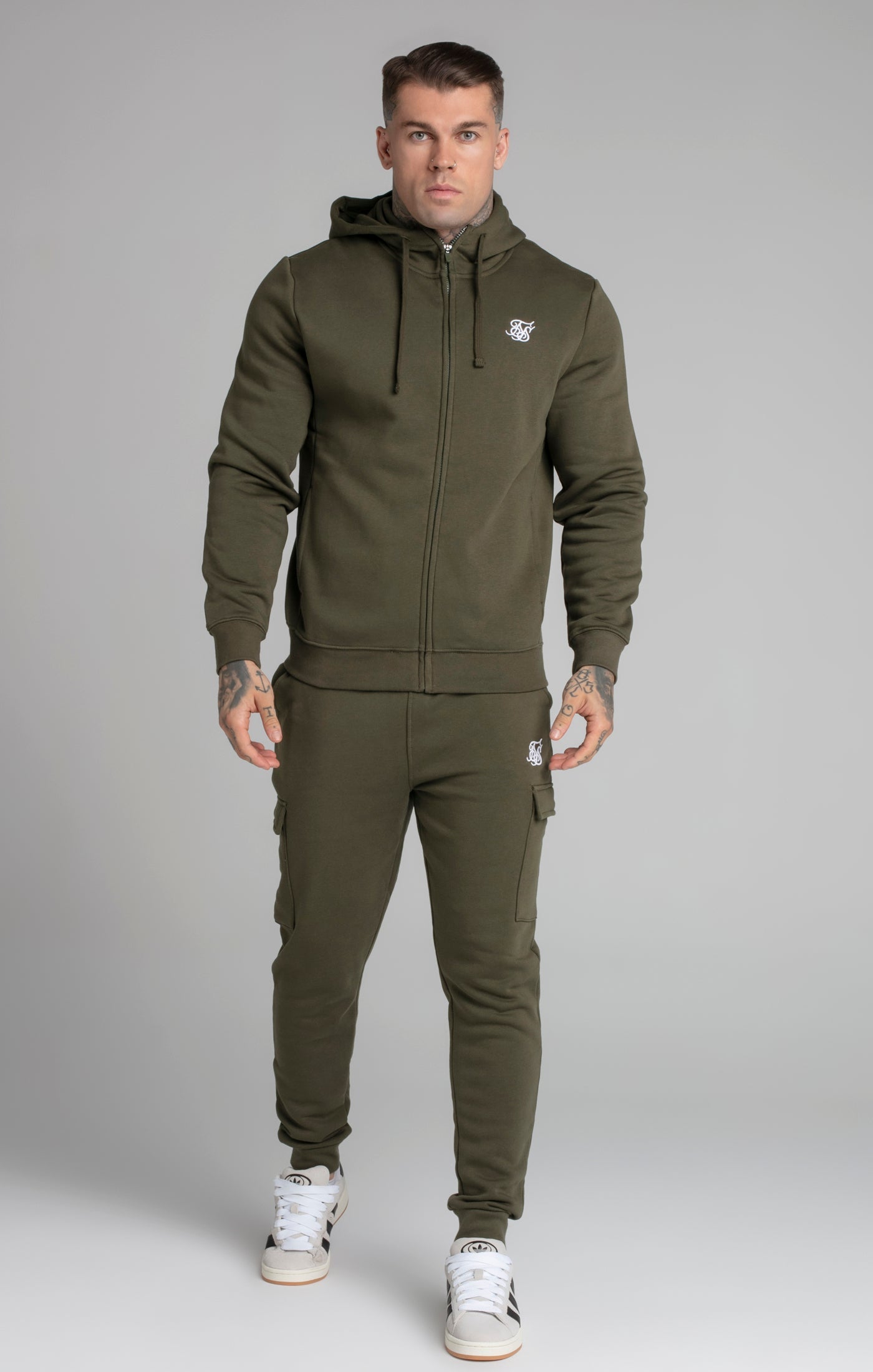 Essential Zip Through Funnel Hoodie in Kaki Sweat à capuche SikSilk   