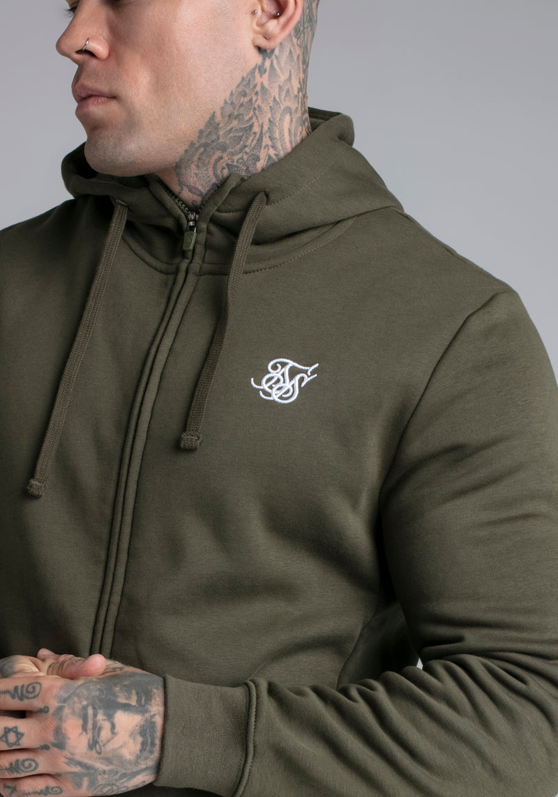 Essential Zip Through Funnel Hoodie in Kaki Sweat à capuche SikSilk   