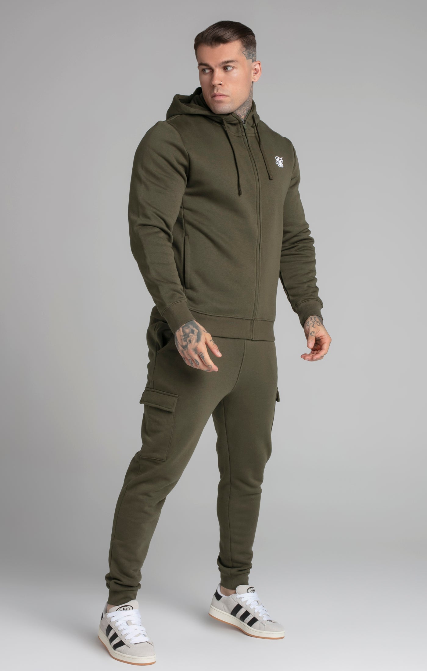 Essential Zip Through Funnel Hoodie in Kaki Sweat à capuche SikSilk   