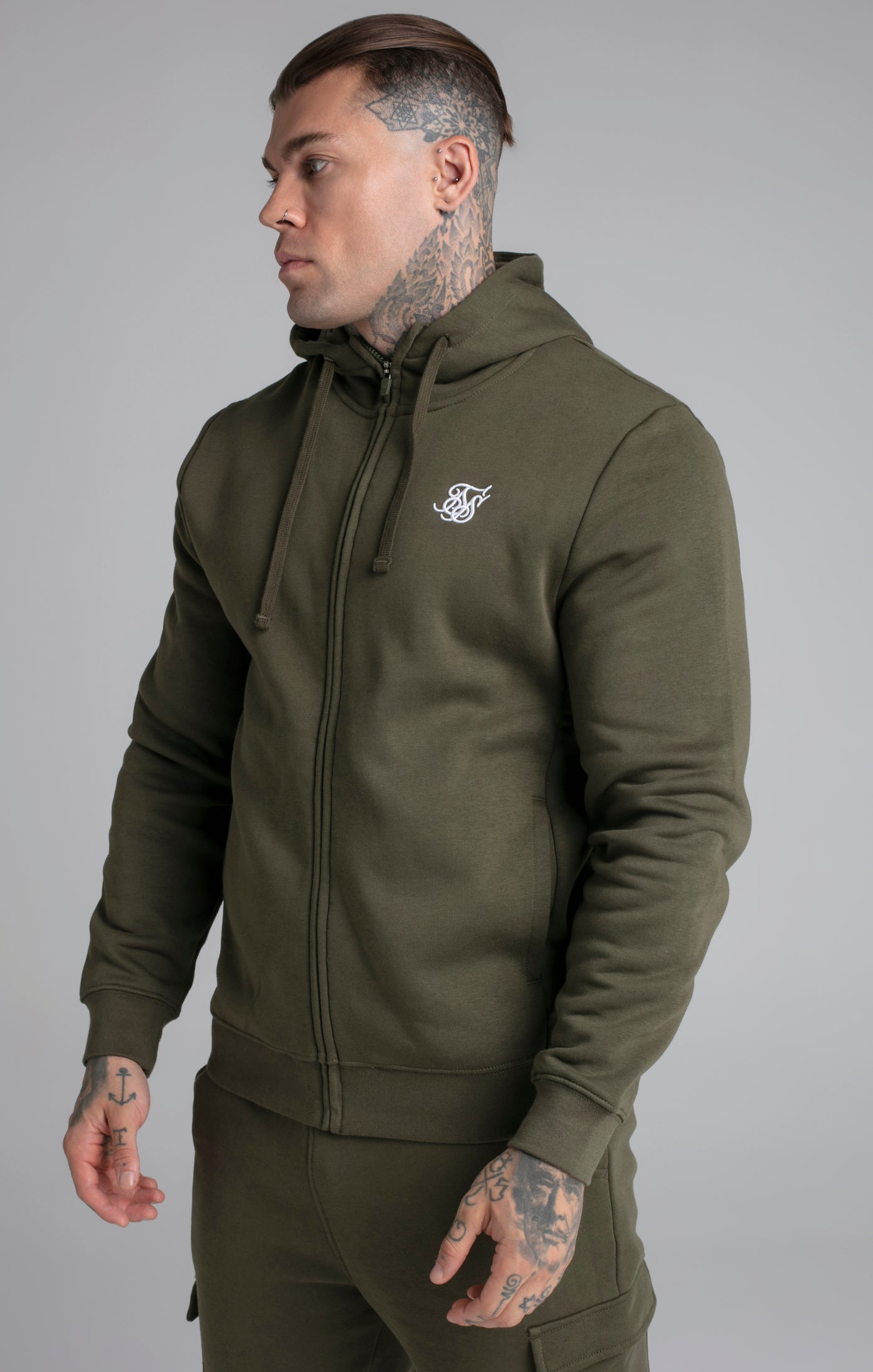 Essential Zip Through Funnel Hoodie in Kaki Sweat à capuche SikSilk   