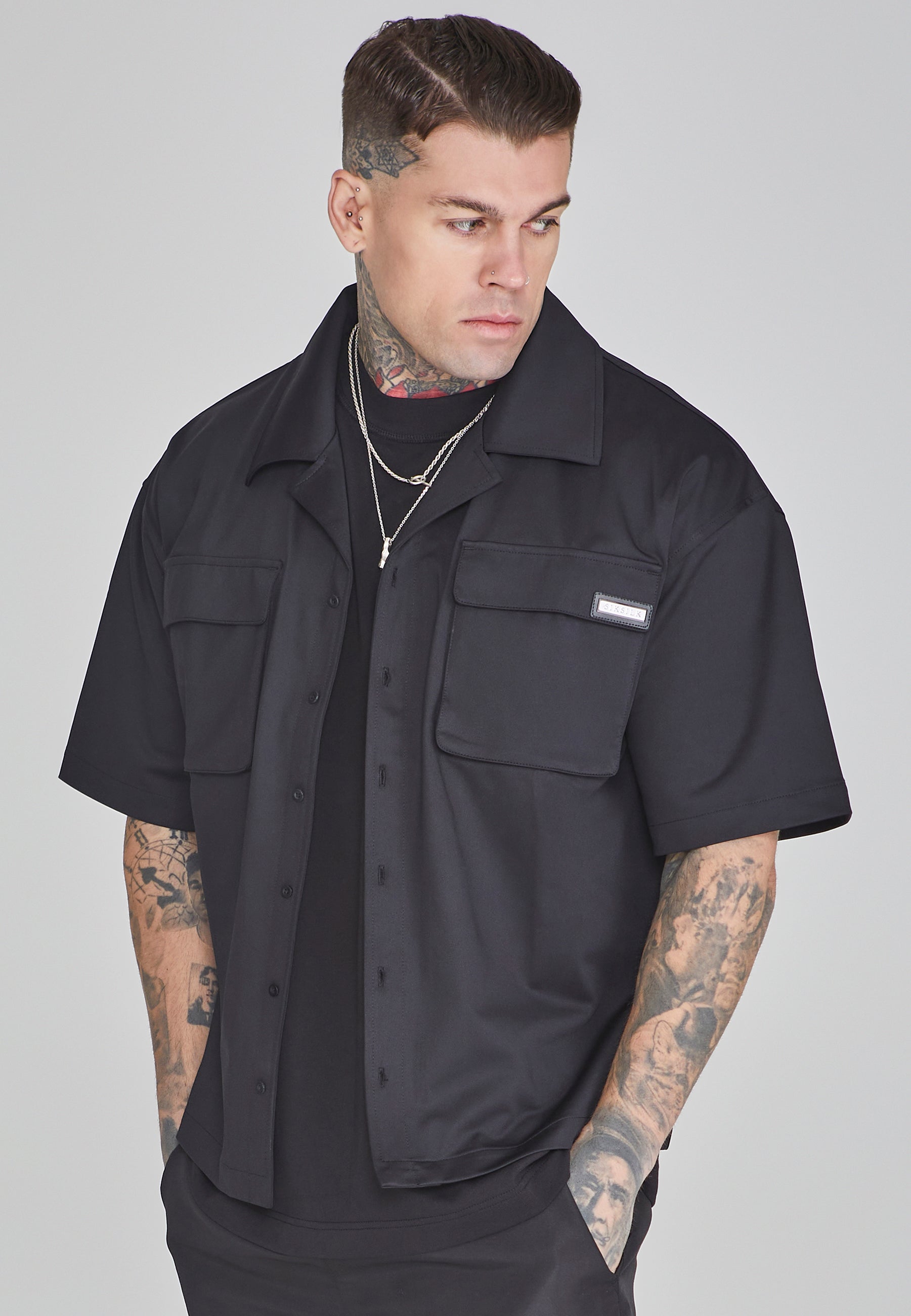 Flight Utility Shirt in Black Chemises SikSilk   