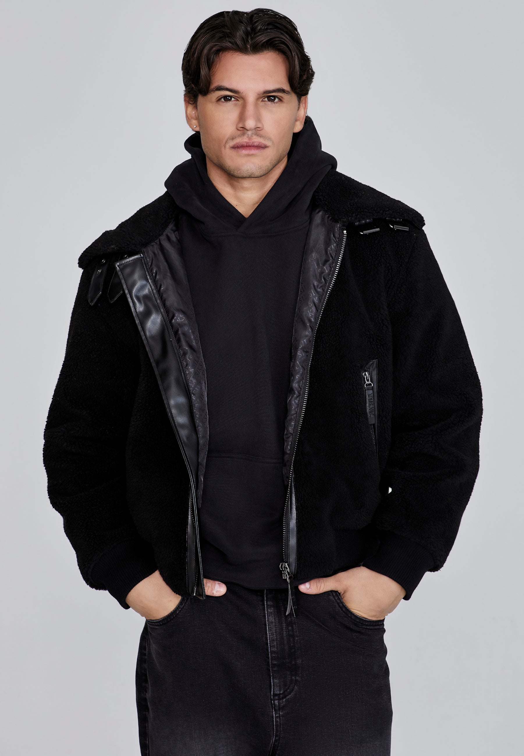 Sherpa Bomber Jacket in Black Vestes SikSilk   