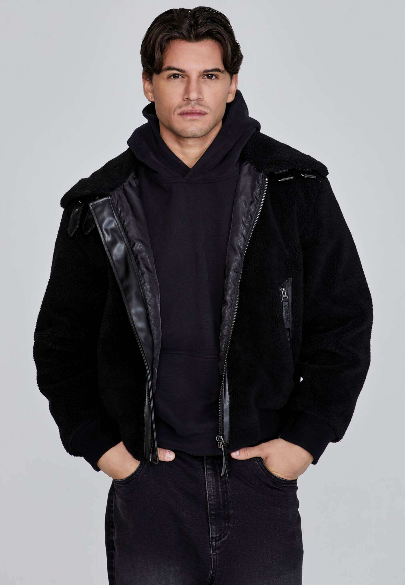 Sherpa Bomber Jacket in Black Vestes SikSilk   