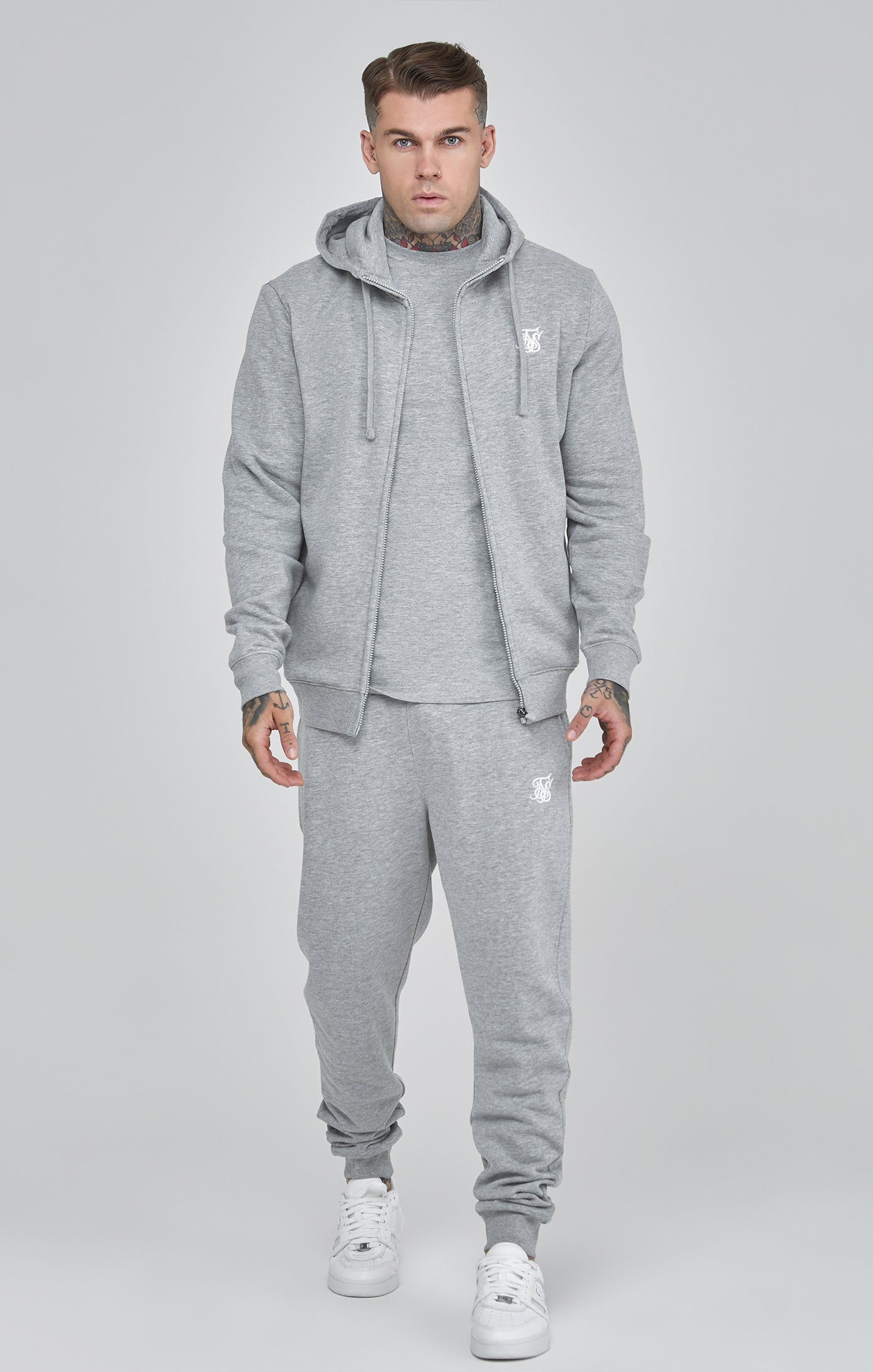 Essentials Full Zip Hoodie in Grey Marl Vestes à capuche SikSilk   