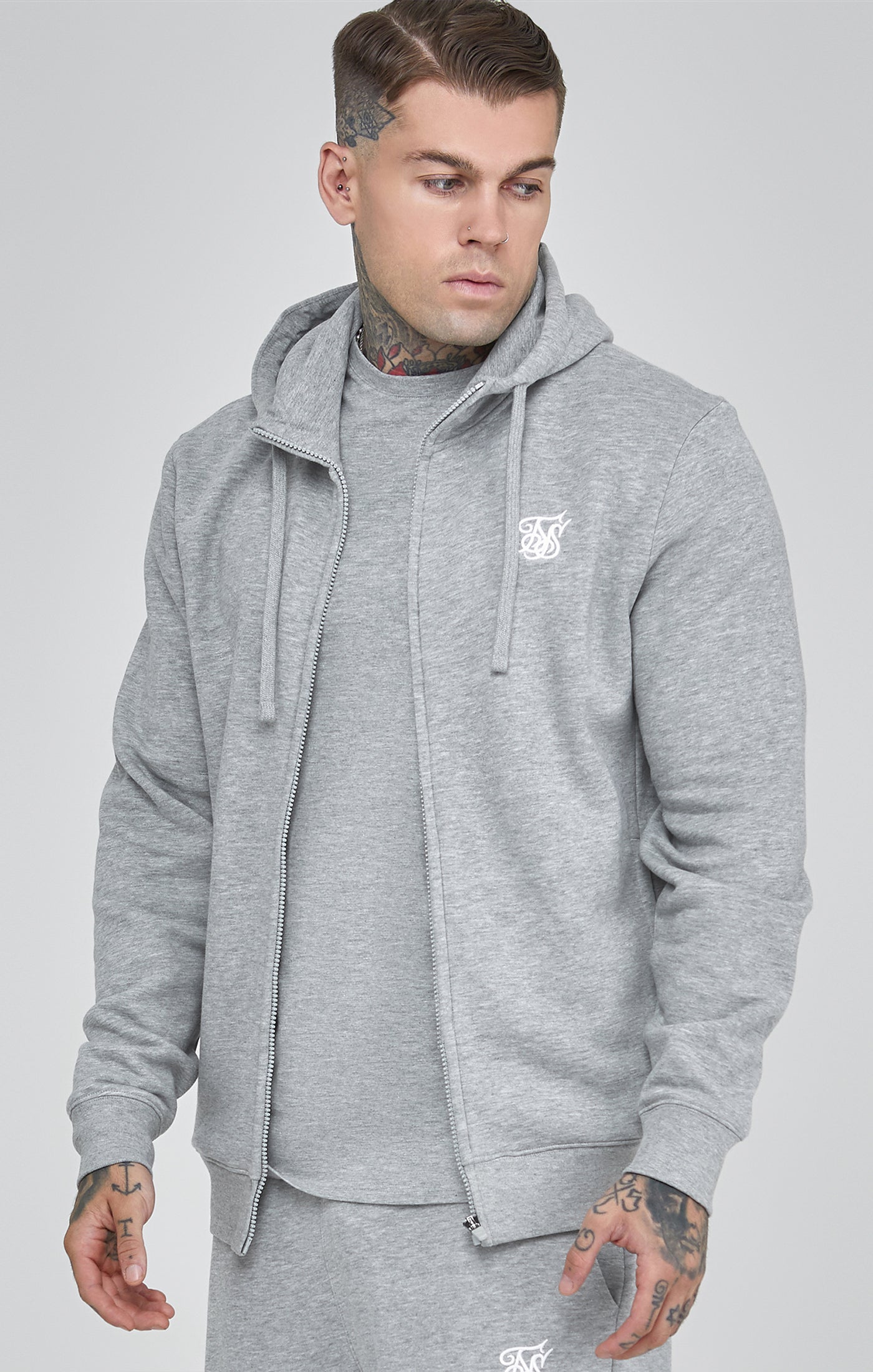 Essentials Full Zip Hoodie in Grey Marl Vestes à capuche SikSilk   