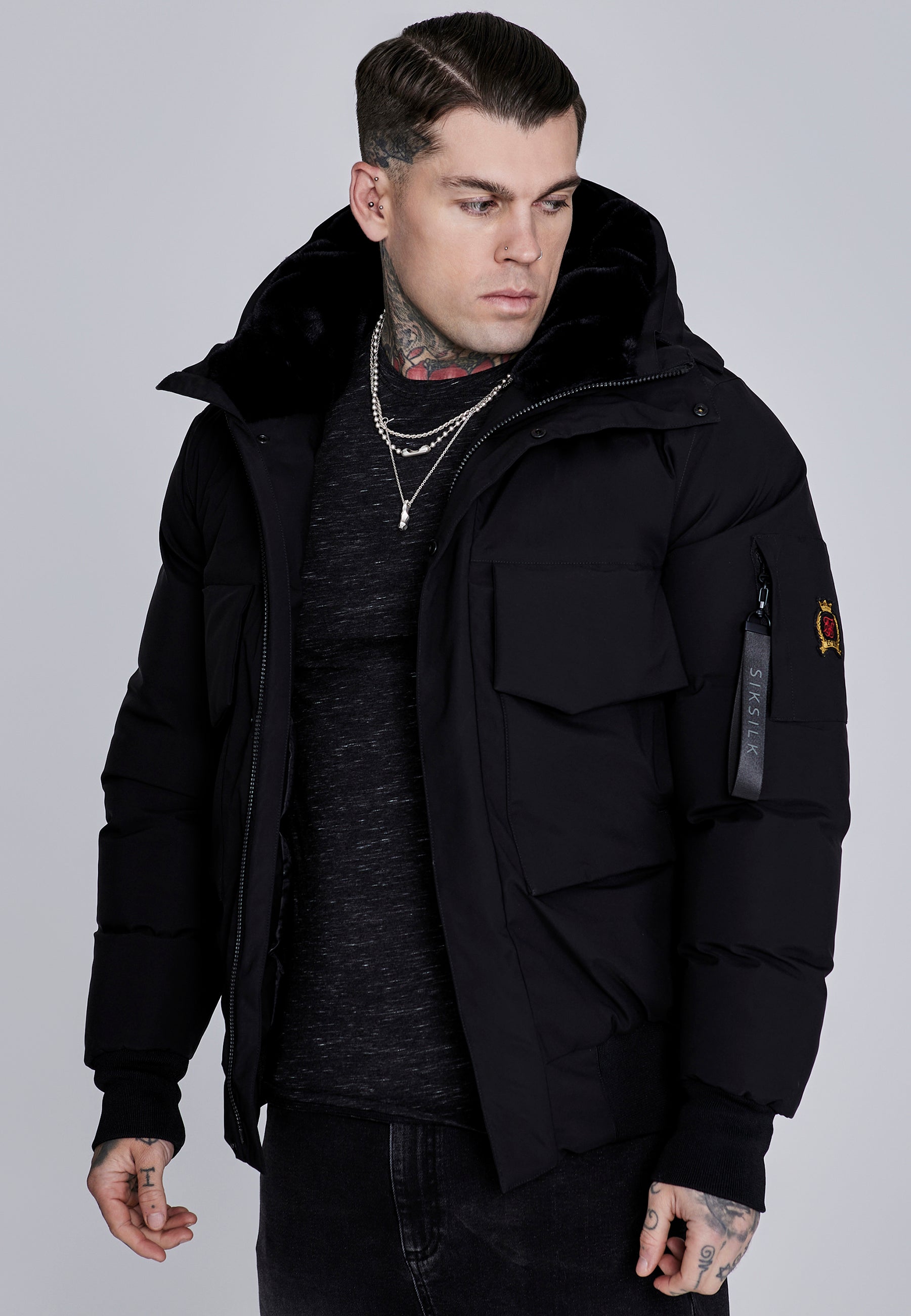 Hooded Bomber Jacket in Black Vestes SikSilk
