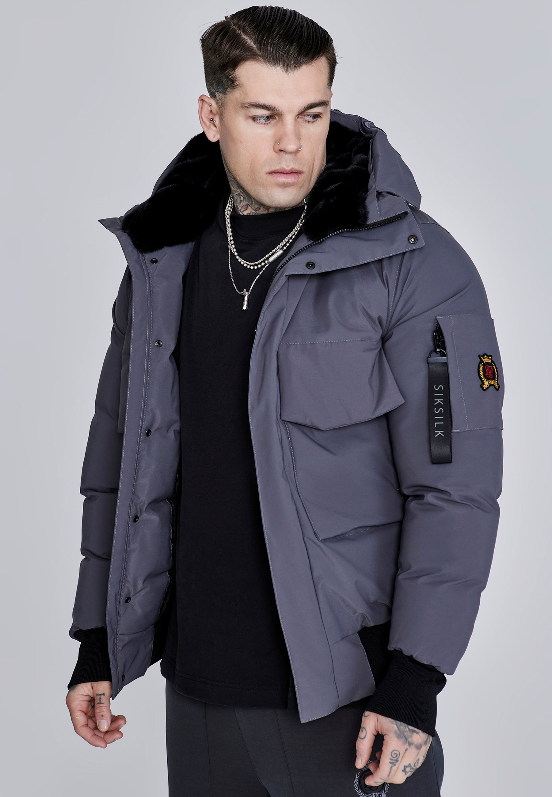 Hooded Bomber Jacket in Grey Vestes SikSilk