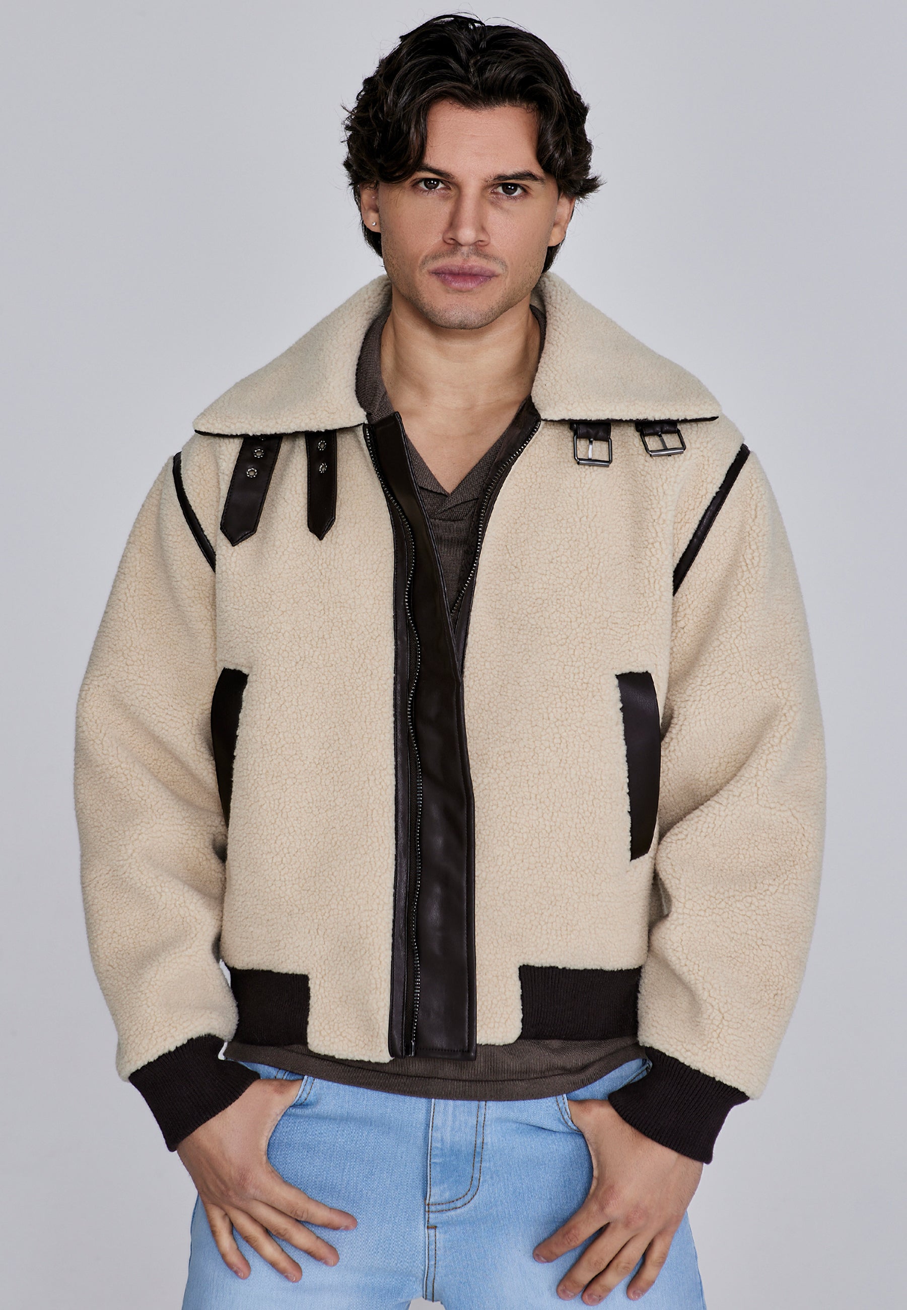 Sherpa Bomber Jacket in Beige Vestes SikSilk