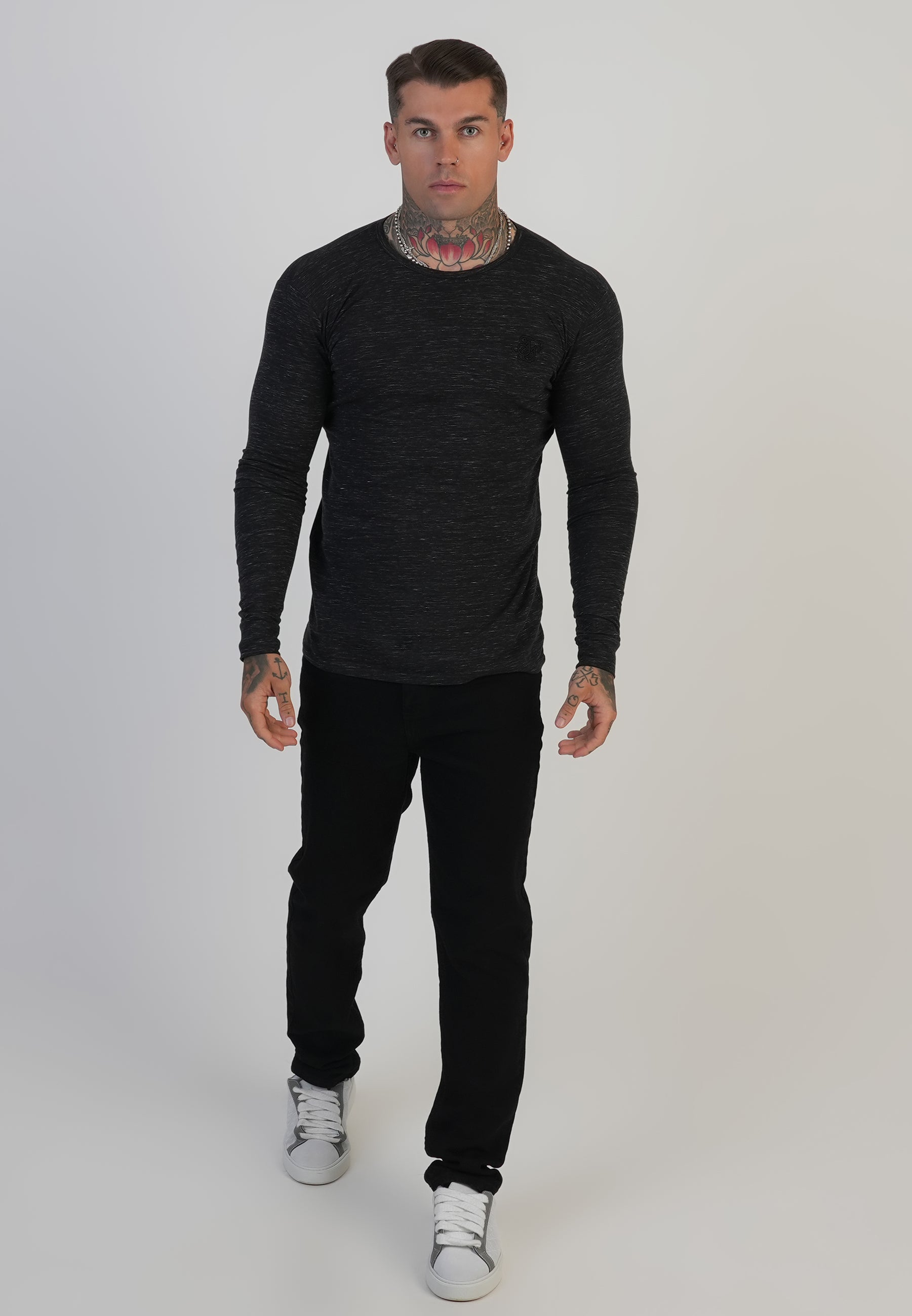 Long Sleeve Marl T-Shirt in Black T-shirts SikSilk