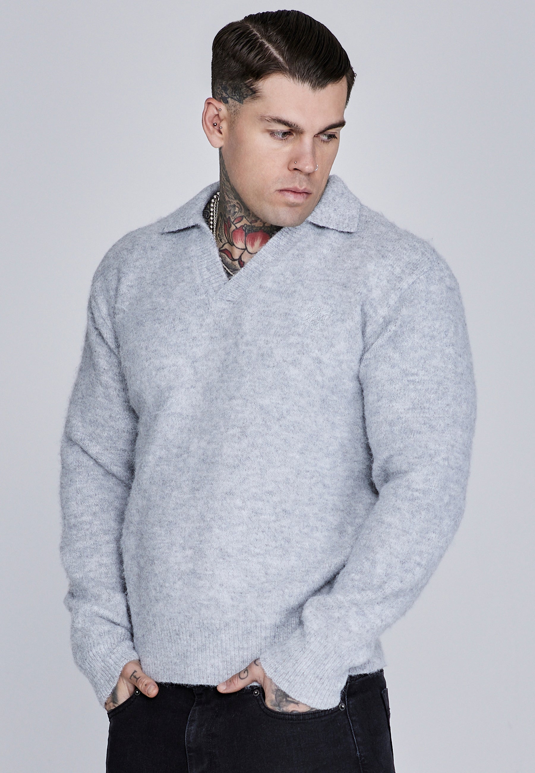 Knitted Polo Sweater in Grey Pulls SikSilk