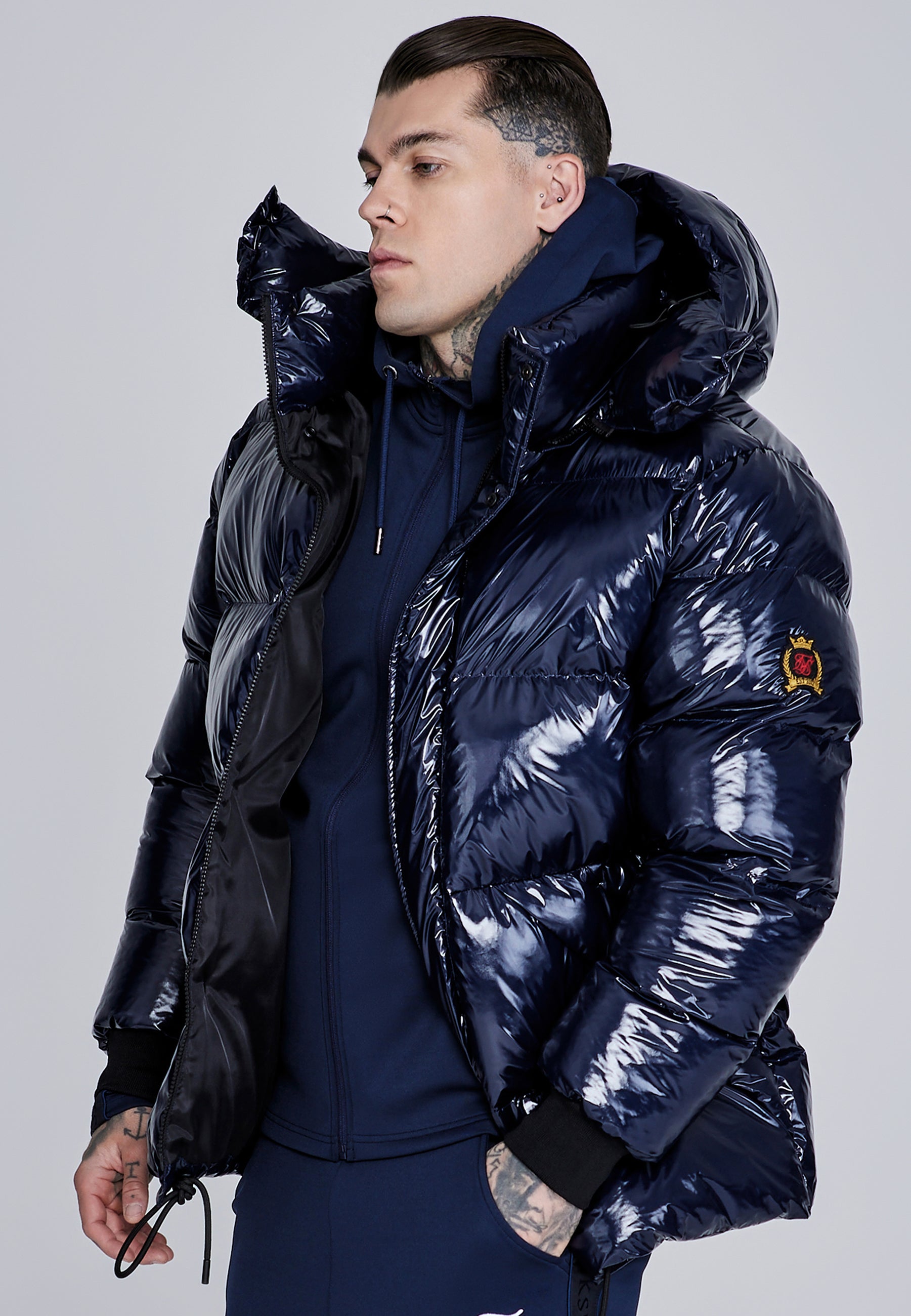 High Shine Puffer Jacket in Dark Navy Vestes SikSilk
