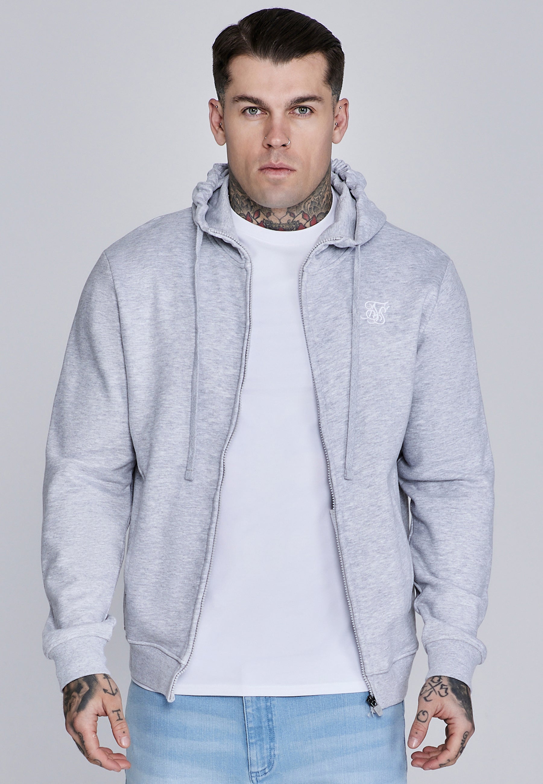 Essentials Full Zip Hoodie in Grey Marl Vestes à capuche SikSilk