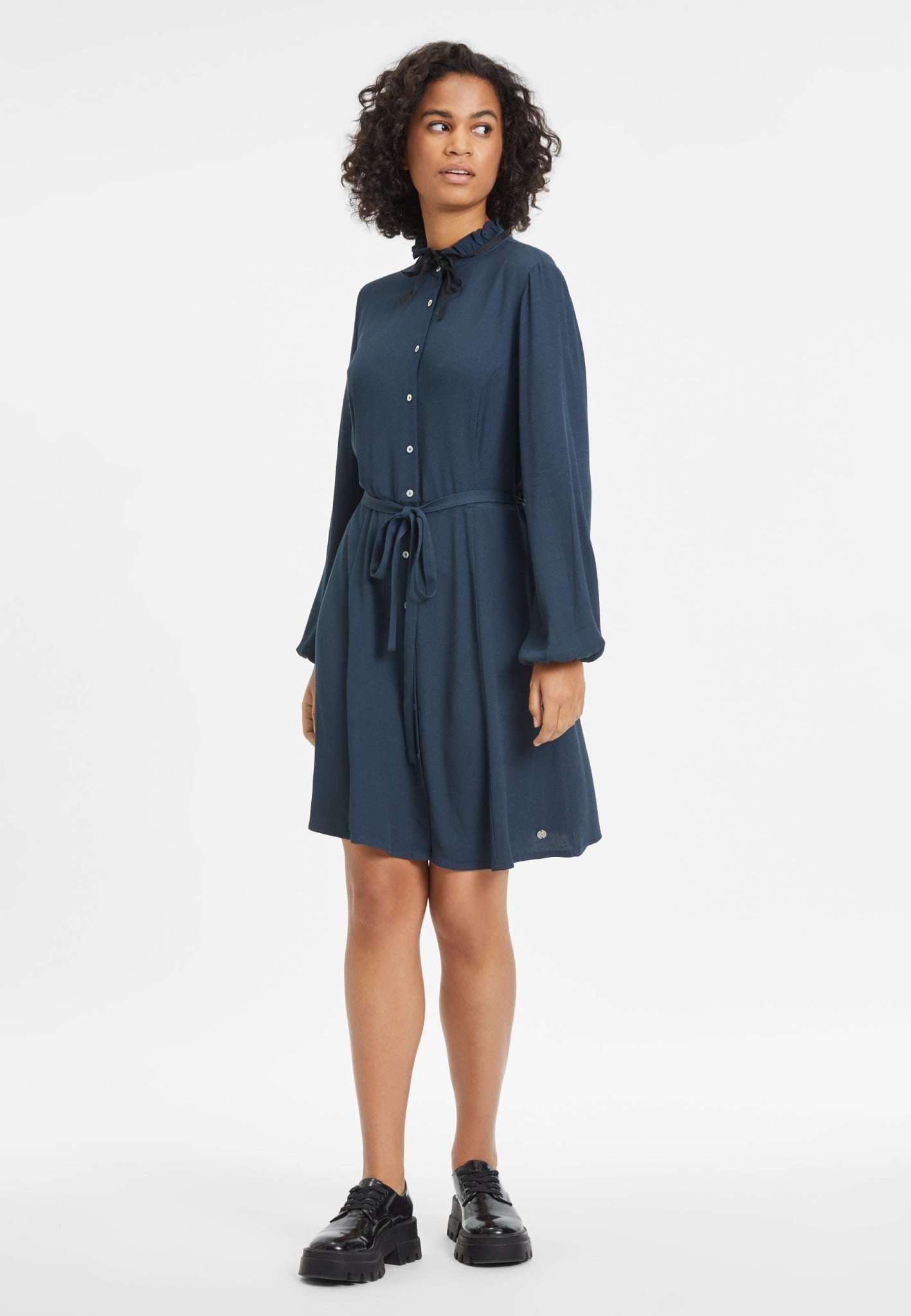 Bona High Neck Ruffle Dress in Blueberry Robes Tamaris   